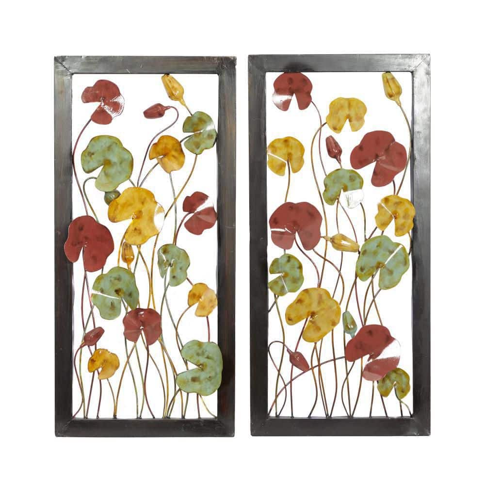Litton Lane Metal Multi Colored Floral Wall Decor with Black Frame (Set