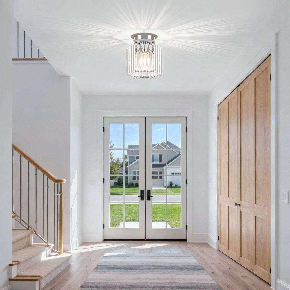 7.56 in. 1-Light Nickel Hexagonal Modern Semi Flush Mount Ceiling Light with Crystal Glass Shade (2-Pack) price history on PriceWatchPro