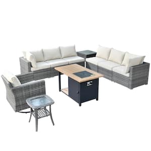 Messi Gray 10-Piece Wicker Outdoor Fire Pit Patio Conversation Sectional Sofa Set with a Swivel Chair and Beige Cushions