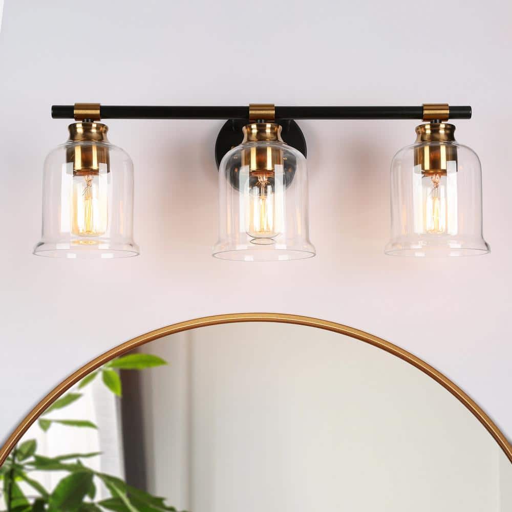 Classic Black Bathroom Vanity Light Modern 21.5 in. 3-Light Wall Sconce with Brass Finish Bell Clear Glass Shades price history on PriceWatchPro