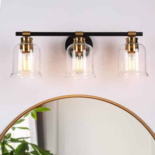 LNC Classic Black Bathroom Vanity Light Modern 21.5 in. 3-Light Wall Sconce with Brass Finish Bell Clear Glass Shades