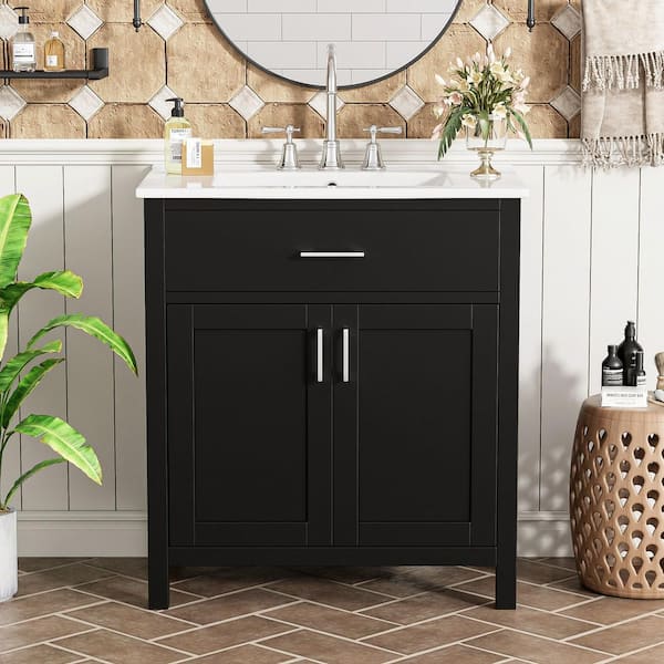 Ziyudura 30 in. Single Sink Freestanding Black Bath Vanity with White Ceramic Top, Ample Storage