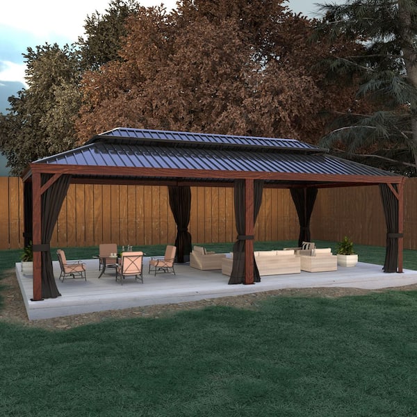 24 ft. x 14 ft. Wood Grain Aluminum Hardtop Gazebo Double Roof with Netting