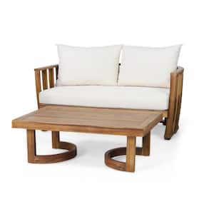 2-Piece Teak Acacia Wood Loveseat and Coffee Table Set with Beige Cushions for Garden, Porch, Balcony, Backyard
