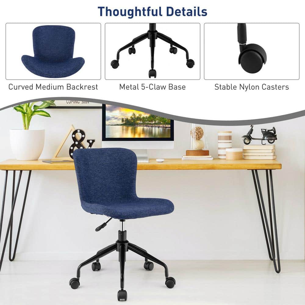 Mid Back Armless Office Chair Adjustable Swivel Linen Task Chair Blue - Thumbnail 3