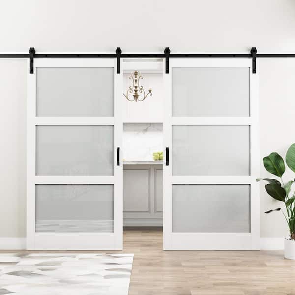 EH PUERTA 84 in. x 84 in. 3-Lite Tempered Frosted Glass White Finished Composite MDF Sliding Barn Door Slab with Hardware Kit