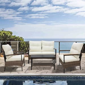 4-Piece Wicker Patio Furniture Set Rattan Outdoor Sofa Set, Loveseat and 2 Single Chair with Beige Cushion, Coffee Table