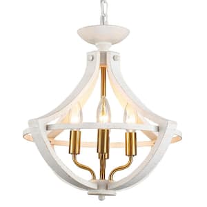 4-Light Brass and Distressed White Rustic Candle Chandelier for Dinning Room with no Bulbs Included