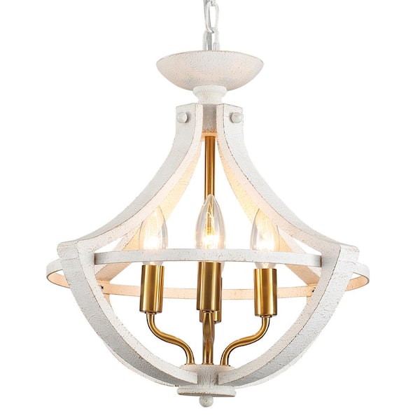 4-Light Brass and Distressed White Rustic Candle Chandelier for Dinning Room with no Bulbs Included