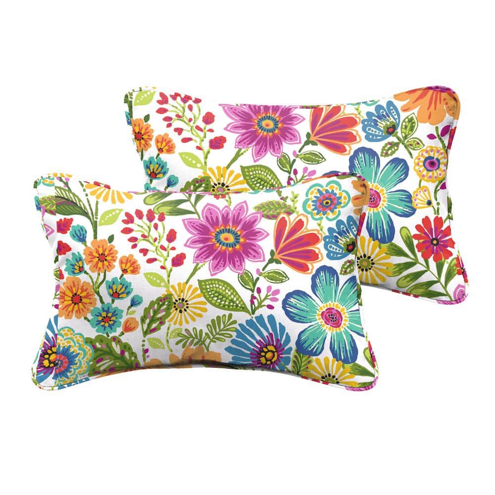 Multi Floral Rectangular Outdoor Corded Lumbar Pillows (2-Pack)