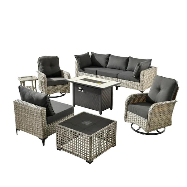 Holston 9-Piece Wicker Modern Outdoor Patio Metal Fire Pit Conversation Sofa Set with Swivel Chairs and Black Cushions