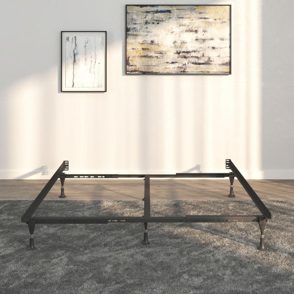 Adjustable Black Metal Twin/Full Bed Frame with Glides