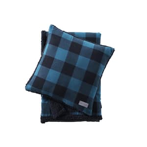 Cabin Plaid 2-Piece Blue Flannel Cotton Sherpa Reverse Throw and Pillow Cover Set