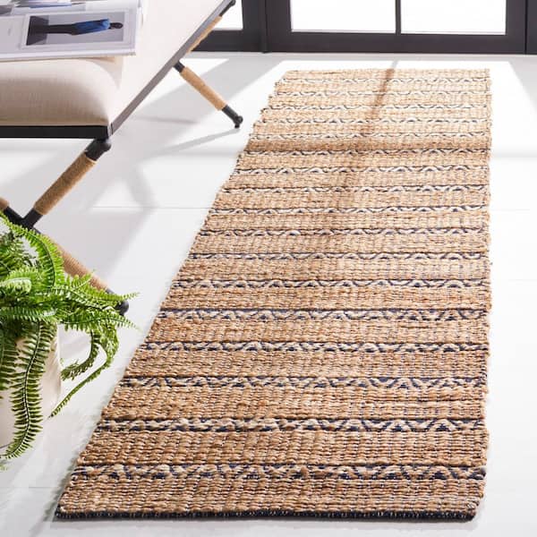 Natural Fiber Navy/Beige 2 ft. x 8 ft. Striped Woven Runner Rug