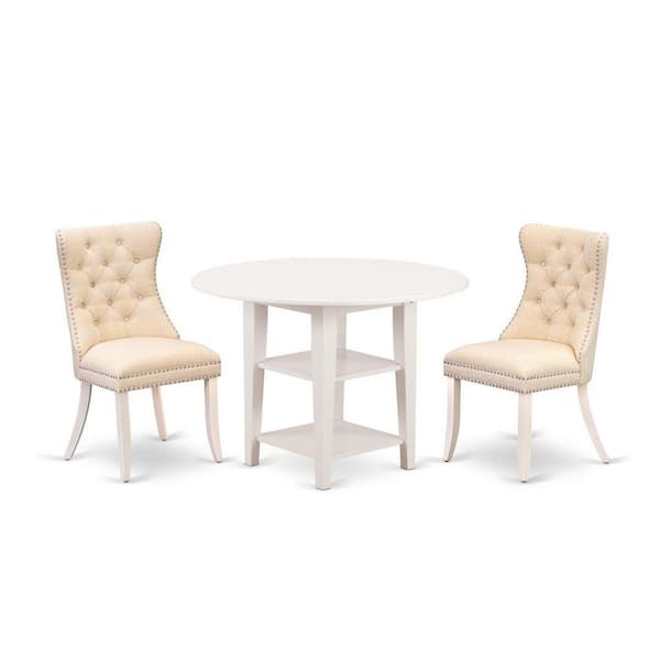 East West Furniture 3-Piece Linen White Finish Round Solid Wood Top with Dropleaf Dining Table Set