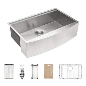 36 in. Farmhouse Single Bowl 18-Gauge Brushed Nickel Stainless Steel Kitchen Sink with Stainless Steel Dish Grid