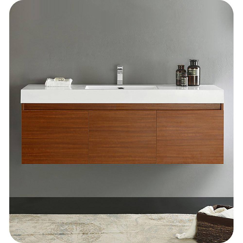 Teak 59" Wall-Mount Single Sink Modern Vanity Base