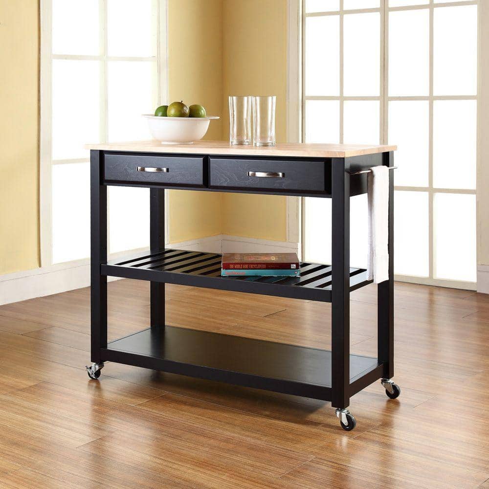 Black and Natural Wood Kitchen Cart with Wine Rack