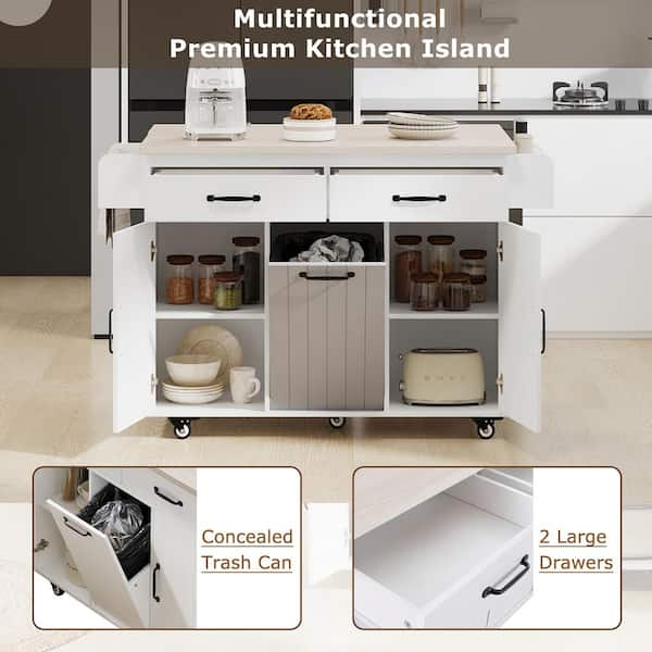 White Wood 51.06 in. Kitchen Island with Trash Can Storage Cabinet 