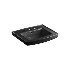 Archer 8 in. Vitreous China Pedestal Sink Basin in Black Black with Overflow Drain