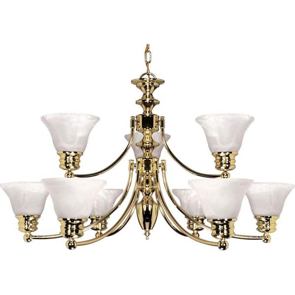 Glomar 9-Light Polished Brass Chandelier with Alabaster Glass Bell Shades