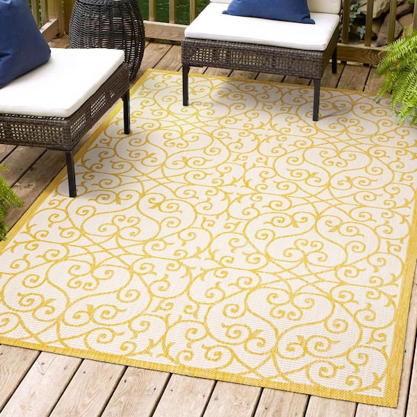 Madrid Vintage Filigree Textured Weave Cream/Yellow 9 ft. x 12 ft. Indoor/Outdoor Area Rug