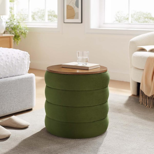 MODWAY Mezzo Round Performance Velvet Storage Ottoman in Moss Green