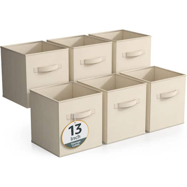 Large Storage Cubes with Handles, Beige 13 in. x 13 in. Fabric Decorative Basket Set of 6, Clothes and Closet Organizer