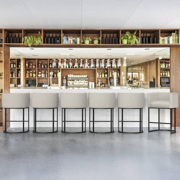 LUE BONA 26 in.CreamGrey and Black Low Back Bar Stool with Metal Frame Counter Height Linen Upholstered Counter Stool Set of 6