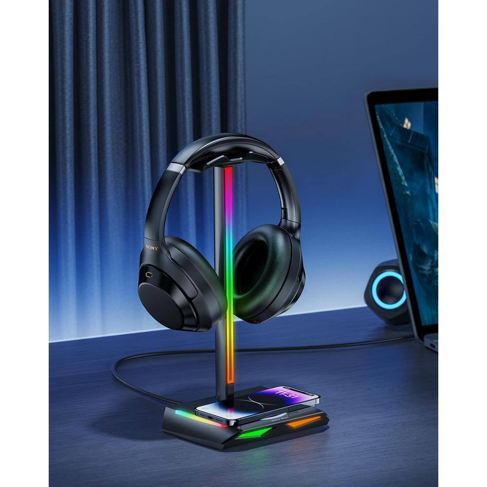 5.98 in. x 10.43 in. x 4.45 in. Black RGB Headphone Stand with Wireless Charging Non-Slip Rubber Base Suitable