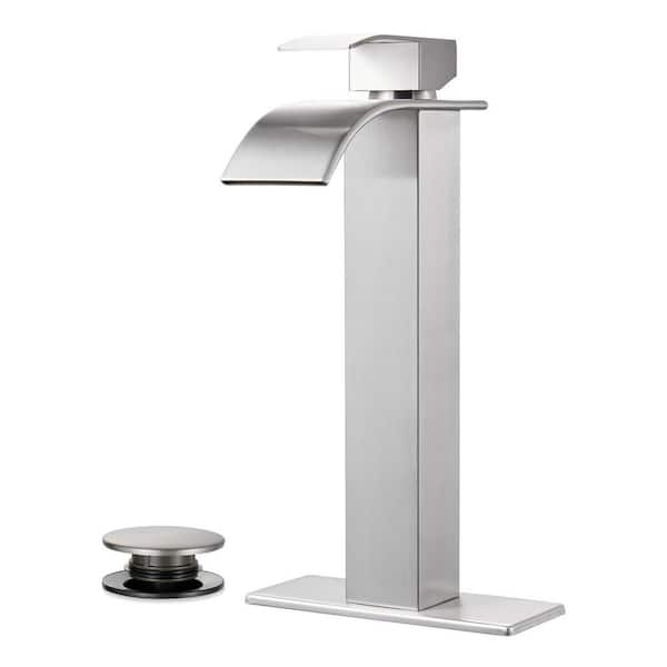 Waterfall Single-Handle Single Hole Bathroom Faucet with Deckplate Pop-up Drain Included and High-Body in Nickel