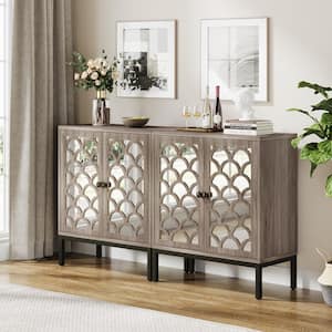 Alan Gray Wood 57 in. Mirrored Sideboard Buffet Cabinet with Adjustable Shelves, 4-Door Accent Storage Cabinet