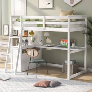 White Twin Size Loft Bed with Desk and Shelves, Wood Kids Loft Bed Frame with 2 Built-in Drawers