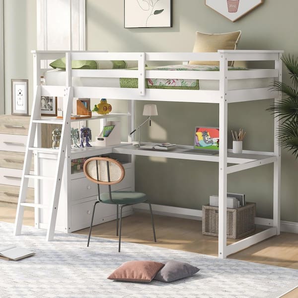 ANBAZAR White Twin Size Loft Bed with Desk and Shelves, Wood Kids Loft ...