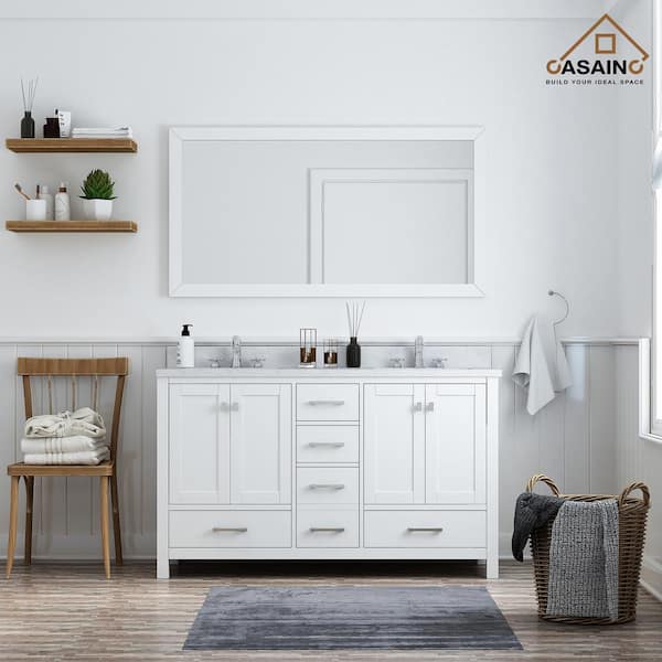 CASAINC 60 in. W x 22 in. D x 35.4 in. H Double Sink Solid Wood Bath Vanity in White with Carrara White Marble Top and Mirror