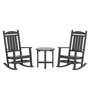 Laguna 3-Piece Classic Outdoor Patio Fade Resistant Plastic Rocking Chairs and Round  Side Table Set in Gray
