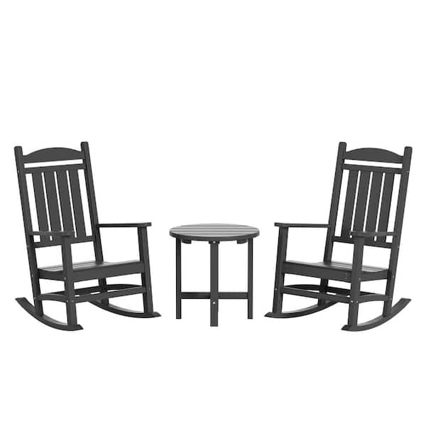 Laguna 3-Piece Classic Outdoor Patio Fade Resistant Plastic Rocking Chairs and Round Side Table Set in Gray