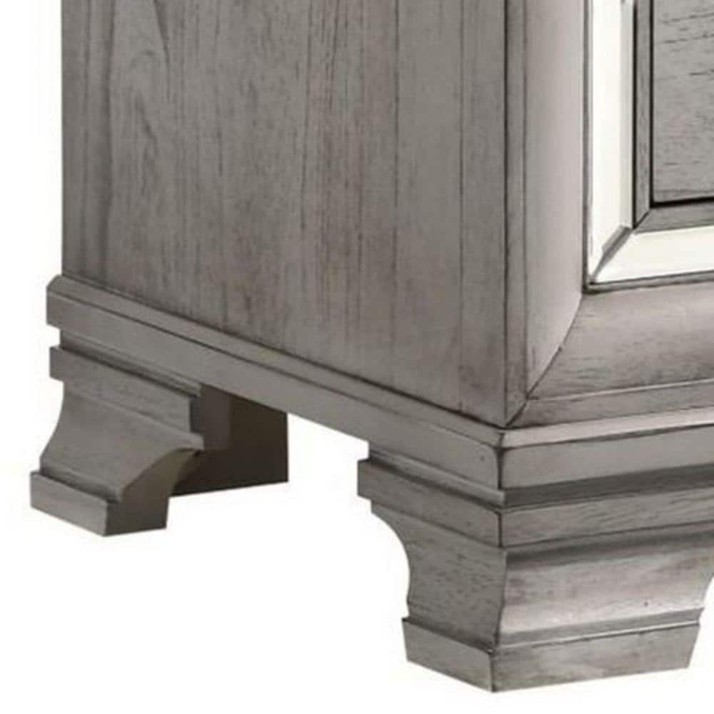 Light Gray Brown Wooden 2-Drawer Nightstand with Mirrored Accents
