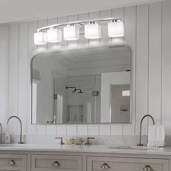 42 in. 5-Light Nickel Modern Square Vanity Light, Fixture with Curved Arms and White Glass Shade for Mirror or Dressing
