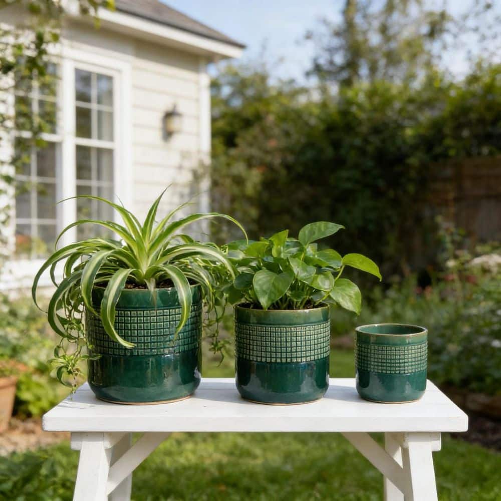 GOGEXX Set of 3 9.65 in. Round Blue and Green Ceramic Flower Pot