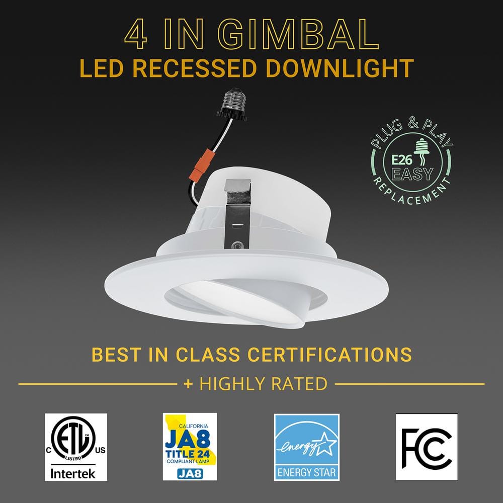 White Aluminum 4 Inch LED Recessed Gimbal Downlight, 6 Pack