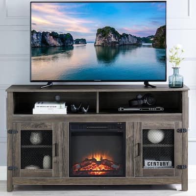 58 in. Gray Electric Fireplace TV Stand Fits TV's up to 65 in. with 2-Storage Shelves and Metal Mesh Barndoor Cabinet