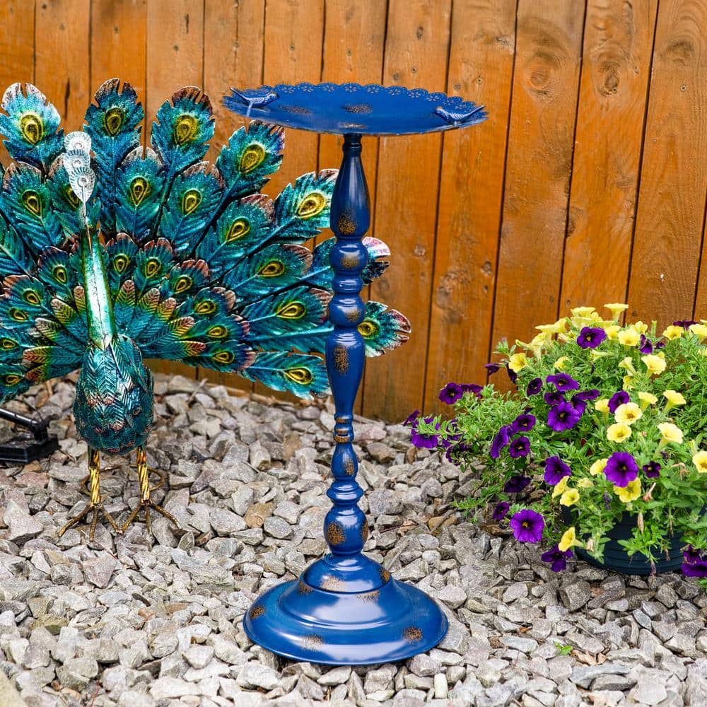 Vintage Blue Iron Pedestal Bird Feeder with Scalloped Edges