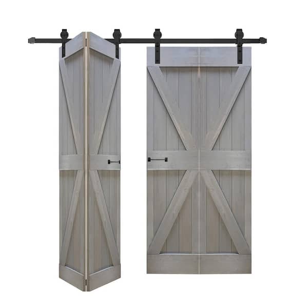 ISLIFE K Style 60 in. x 84 in. (15 in. x 84 in. x 4-Panels) Smoky Gray Solid Wood Bi-Fold Door Hardware Kit-Assembly Needed