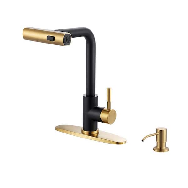 13.5in. H Single Handle 360° Swivel Pull Out Sprayer Kitchen Faucet w/3-Spray Modes and Soap Dispenser in Black and Gold