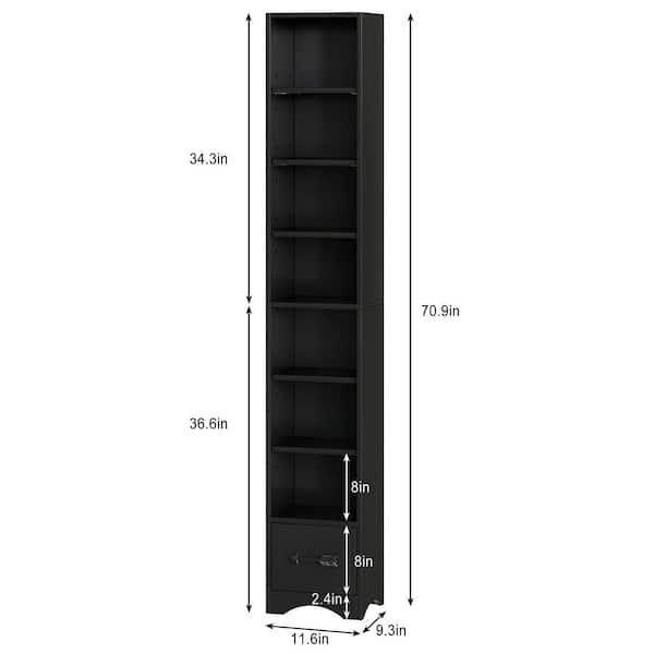 Tall Narrow Bookshelf with Adjustable Shelves 70.9 in. Slim Storage Cabinet, Black 7 Cubes and Drawer Accent Cabinet