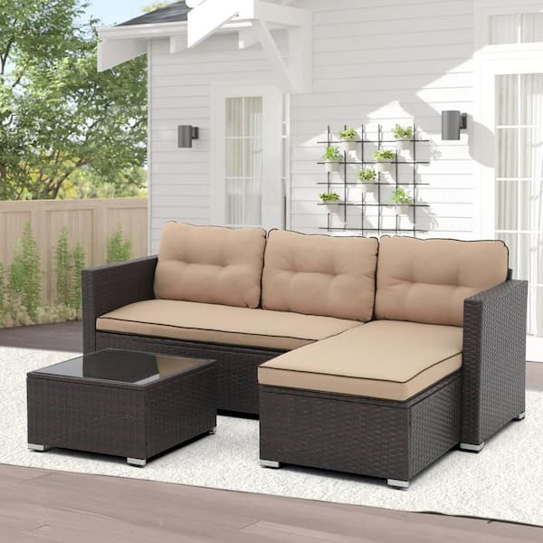 Freestyle 3-Piece Wicker Grey Outdoor Patio Small Conversation Set with Beige Cushions