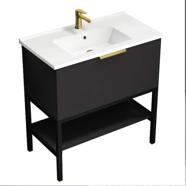 Bodrum 33.46 in. W x 17.72 in. D x 35.04 in. H Modern Bathroom Vanity in Matte Black With White Ceramic Top