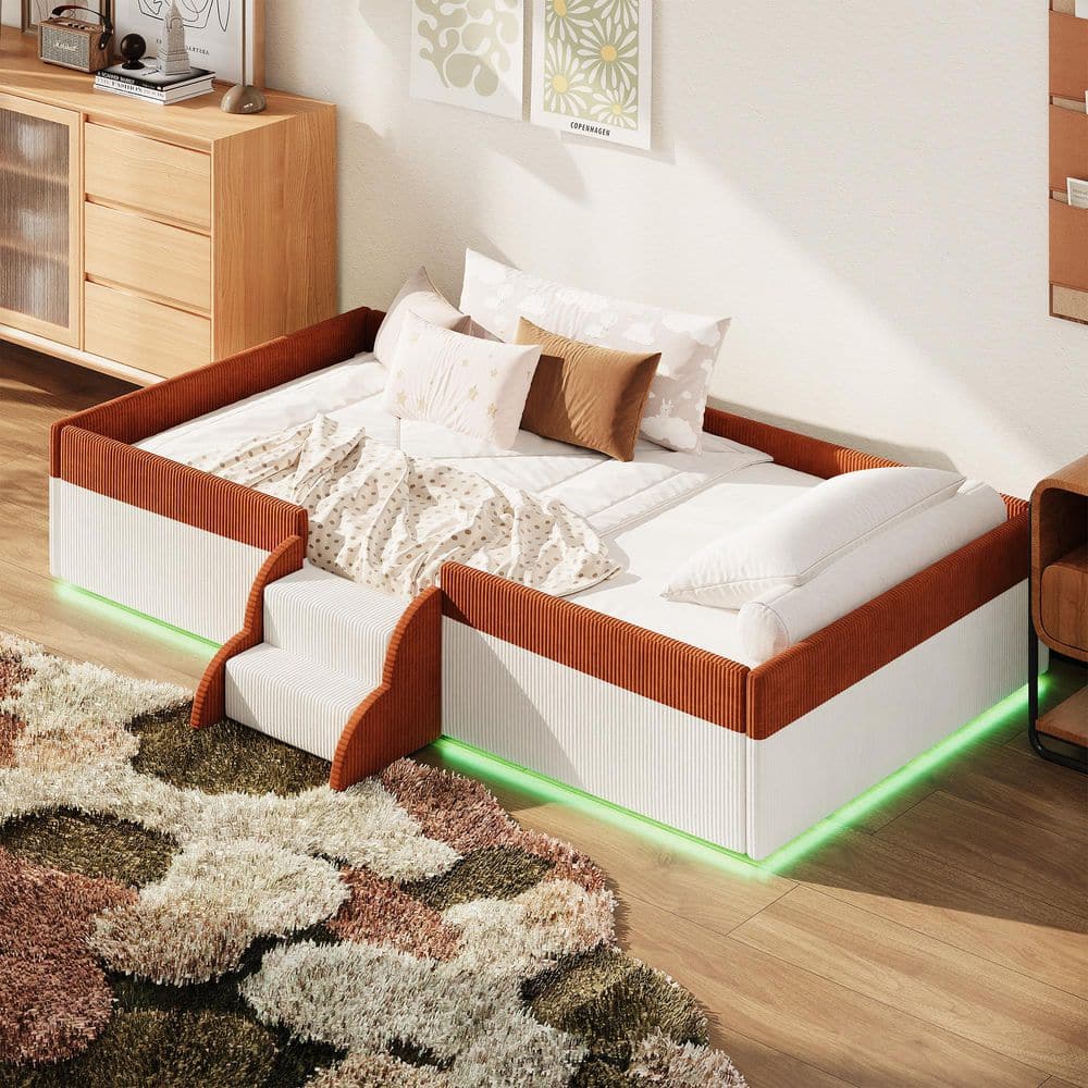 Brown and White Wood Frame Twin Corduroy Platform Bed with LED Lights, Padded Fence Guardrails and Two Step Entry price history on PriceWatchPro