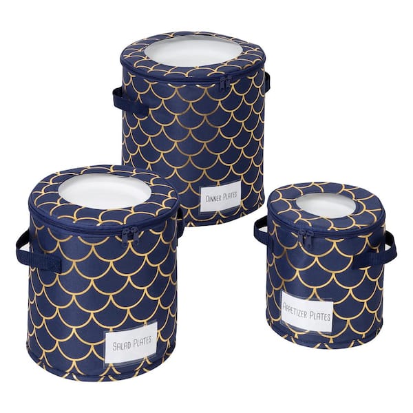 Honey-Can-Do Navy/Gold Scallop Set of 3 Round Dinnerware Storage Box